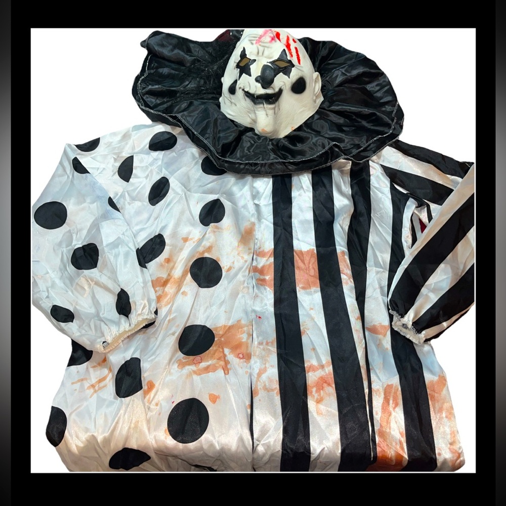 KILLER Circus CLOWN black White Satin Costume Halloween MASK SUIT NECK RUFFLE OS